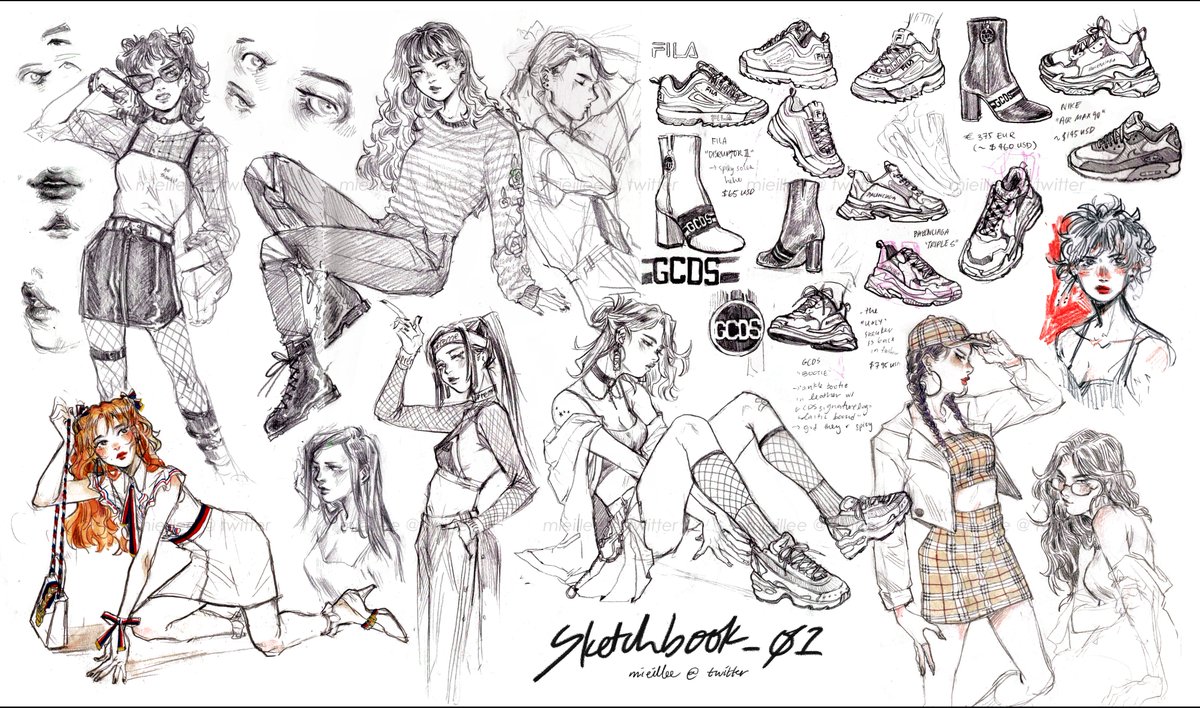 finally scanned n compiled a bunch of my sketchbook drawings hehe mostly girls + shoes uwu 