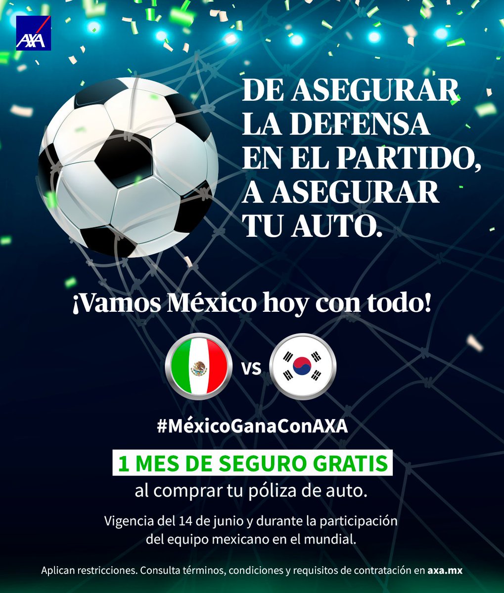 AXAMexico's tweet photo. ¡La seguridad se nota en cada movimiento, anota un gol ⚽ y obtén un mes de seguro gratis al adquirir tu póliza de #AutoIndividual 🚗!
➡ https://t.co/1K1nHNYE8z
#MéxicoGanaConAXA 🇲🇽 vs 🇰🇷
#Rusia2018 https://t.co/mwHzV9Nljm