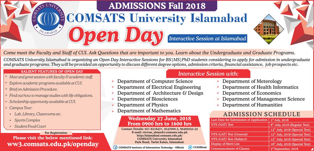 CUIofficial's tweet photo. @CUIofficial Open Day at @ciitisd Islamabad campus. Come meet us on Wednesday, June 27, 2018 for our Fall 2018 intake! @rqamar https://t.co/DAksCLrrqG