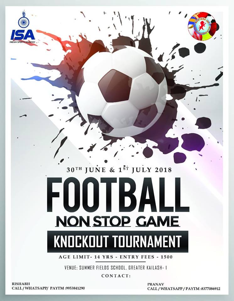 Masters360SF's tweet photo. Masters 360 Sports Foundation (MSF) in association with Indian Sports Academy is going to organize "Inter School 5-A Side Soccer Tournament -2018" which is going to be held on 30th June, 2018 &amp; 1st July, 2018 at Summer Fields School, Greater Kailash, Part-1, New Delhi-110048. https://t.co/3CfPNM7kr3