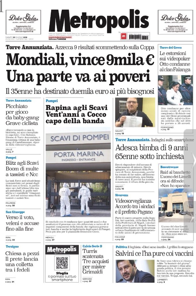 metropolis_web's tweet photo. La prima pagina edizione #torrese in edicola oggi https://t.co/1VUCGklgsS