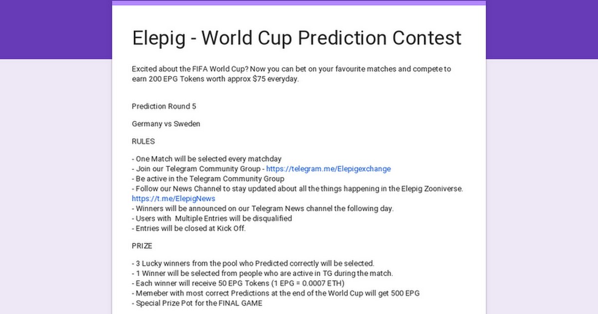 Elepig World Cup competition Germany vs Sweden guess the score and the man of the match to win EPG Tokens.  Fill in the form below! #elepig #elepigexchange #worldcup2018

buff.ly/2KhgcJ1