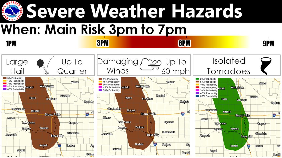 NWSSiouxFalls's tweet photo. Here's a closer look at the risks from  thunderstorms later today.  

Yes, a very isolated tornado can't be ruled out. https://t.co/MYZbRAaeSS
