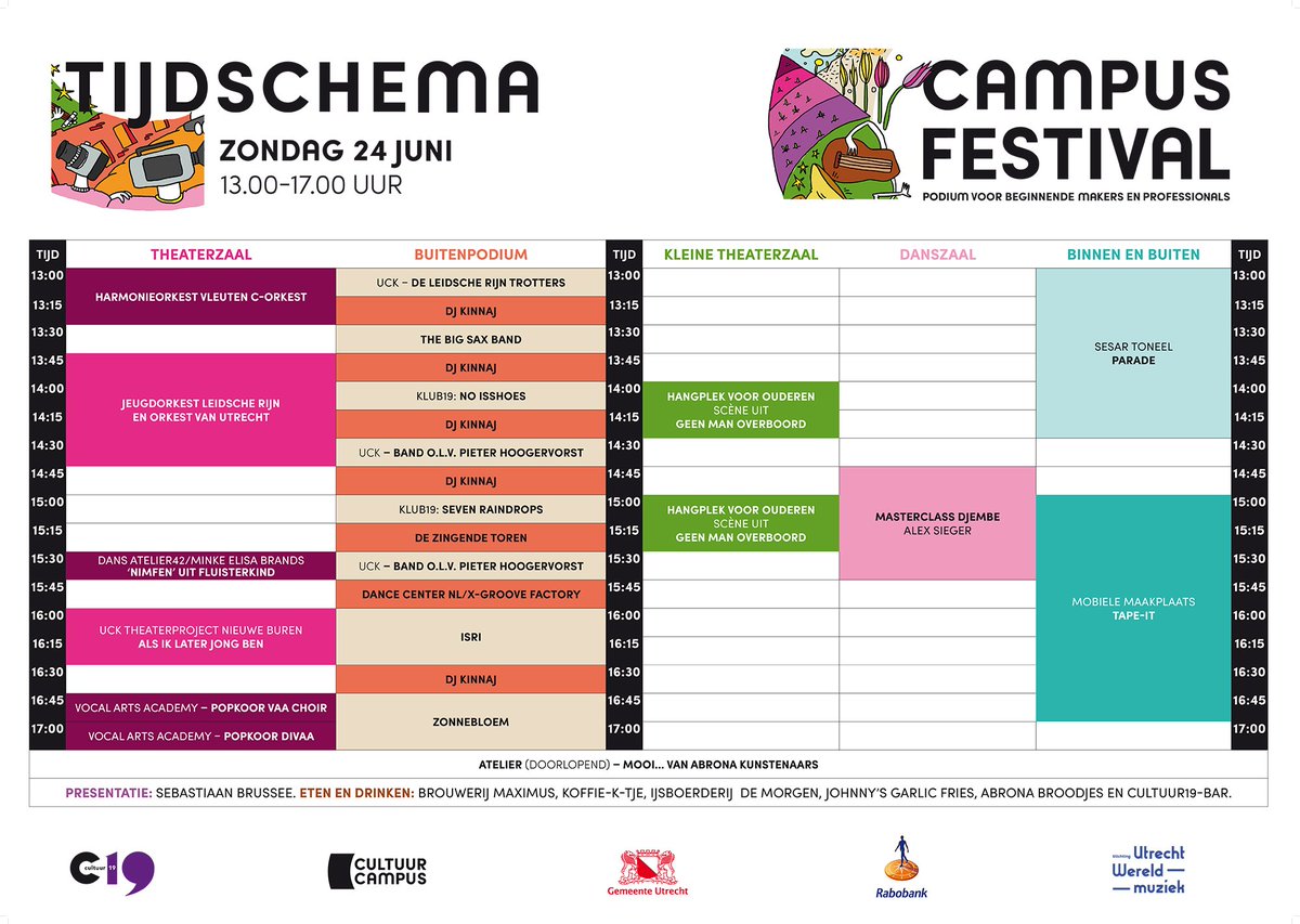 Hier is het Blokkenschema van het Campusfestival 2018! Morgen van 13.00-17.00 uur muziek, dans, theater in en om de CultuurCampus Vleuterweide (Burchtpoort 5, Vleuten)! Hapjes en drankjes en een relaxte sfeer - mis het niet! cultuur19.nl/agenda/2018/06…