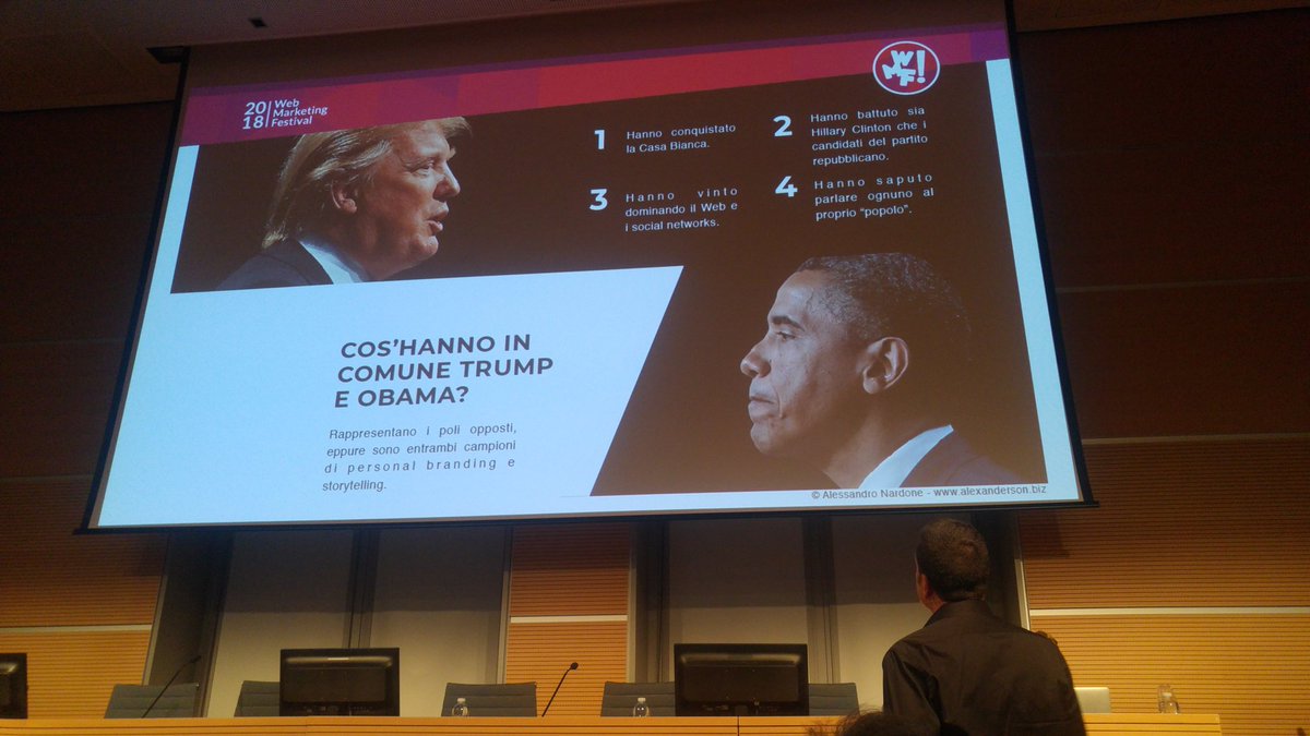 Che cos'hanno in comune Trump e Obama?
Un uso sapiente del #personalbranding e dello #storytelling 
➡ <a href="/alenardone/">Alessandro Nardone</a> @ilfestival #wmf18
