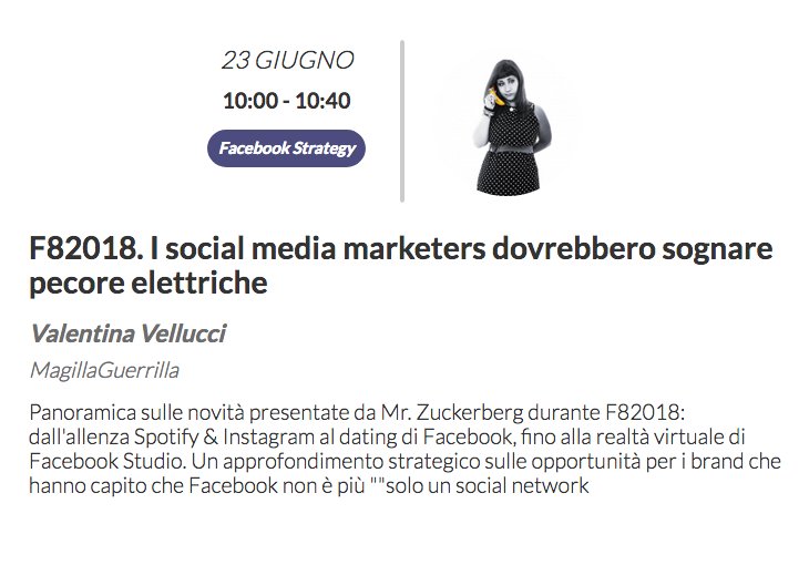 Torna <a href="/valevellucci/">valentina vellucci</a> con il suo speech dal titolo: F82018. I social media marketers dovrebbero sognare pecore elettriche | Sala Facebook Strategy | @ilfestival #wmf18 #IUSVEsocialTEAM <a href="/IUS_VE/">IUSVE - Istituto Universitario Salesiano Venezia</a> #socialmedia #webmarketing #branding