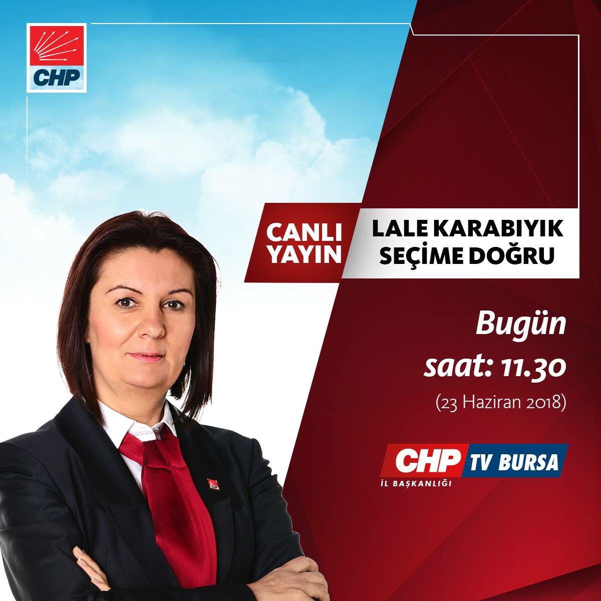 bursayeniparti's tweet photo. Canlı Yayın | Genel Başkan Yardımcımız Lale Karabıyık bugün saat 11:30’da CHP Bursa TV'nin konuğu olacaktır.

📢 Canlı yayını izlemek için CHP Bursa İl Başkanlığı #Facebook sayfasını takip edebilirsiniz.

#chp #chpbursa #bursailbaşkanlığı #bursa #lalekarabıyık #seçimedoğru #chptv https://t.co/JFMjTZHRlM