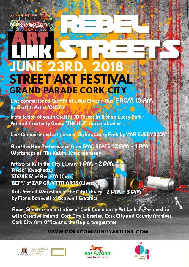 Cool Street Art festival today on Grand Parade with live graffiti on a double decker <a href="/Buseireann/">Bus Éireann</a> by Dusto, music by <a href="/GMCBeats/">Garraí Mac / GMCBeats / Kalabanx</a> talks with <a href="/StevieGrainger/">Stevie G</a> &amp; Rask. FREE FAMILY EVENT facebook.com/events/3705418…