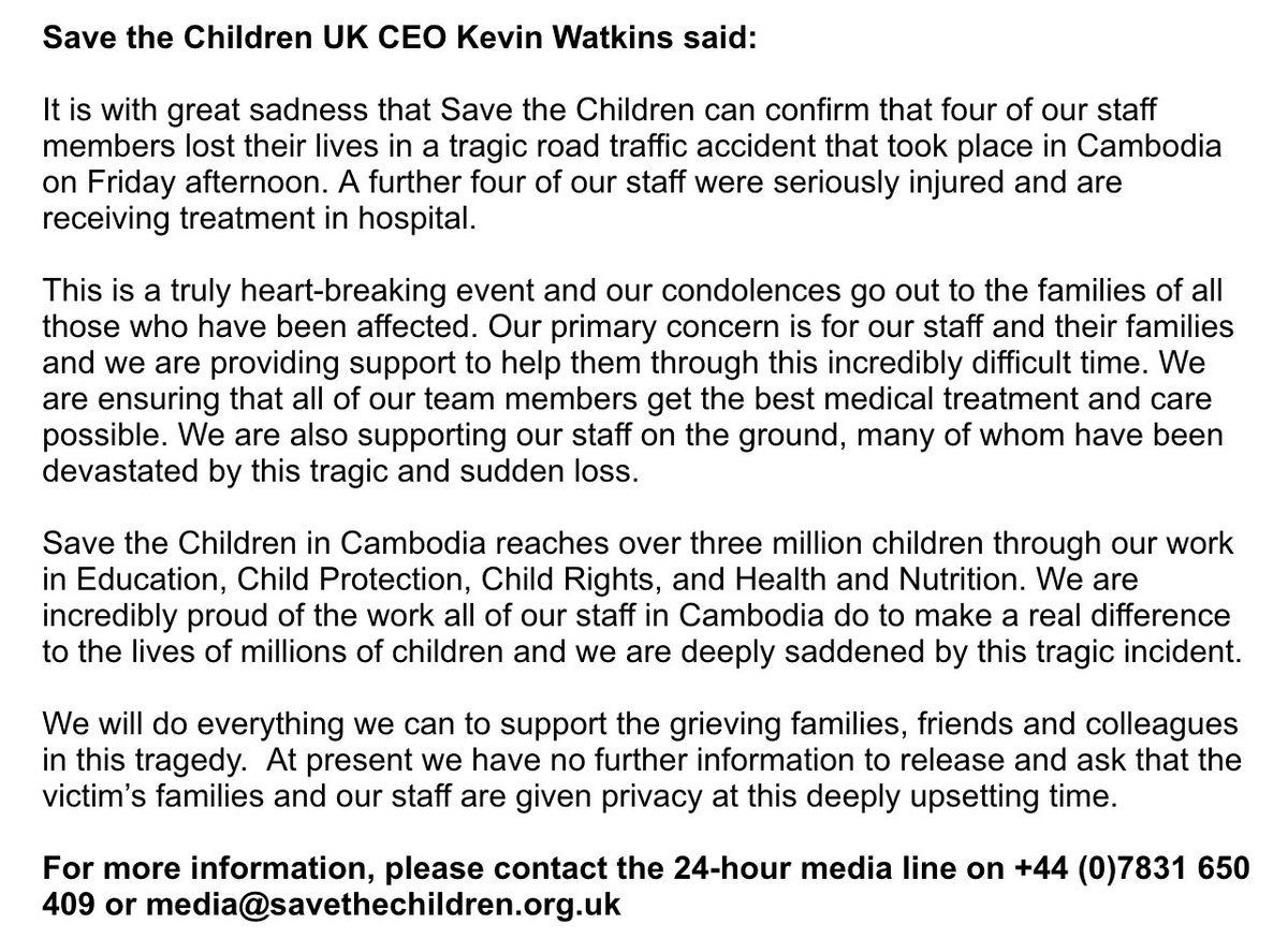 SaveUKNews's tweet photo. We are saddened to confirm that four of our staff in Cambodia have lost their lives in a tragic road accident. Our thoughts go out to their families and all our staff in Cambodia working so hard to help children. https://t.co/jniey47rGS