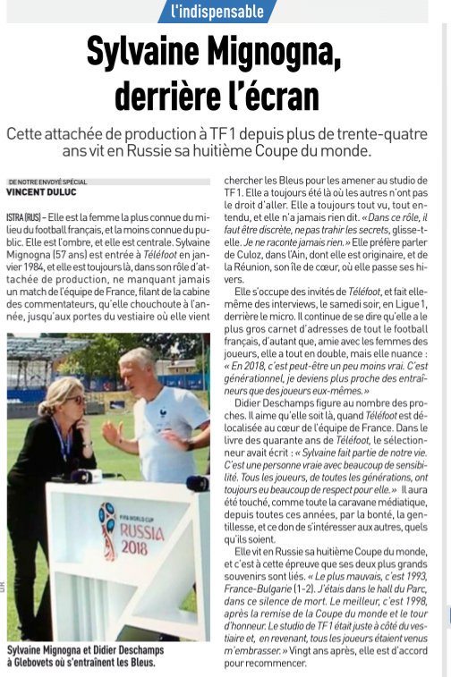 Hommage tellement mérité ce matin dans <a href="/lequipe/">L'Équipe</a> pour l'adorable <a href="/sylvainemignogn/">Sylvaine Mignogna</a>. Portrait très juste de <a href="/vincentduluc/">vincent duluc</a> de ce personnage de l'ombre du football français. Merci encore Sylvaine et bravo 👏👏👏 <a href="/telefoot_TF1/">Téléfoot</a> #CM2018 #FiersdetreBleus