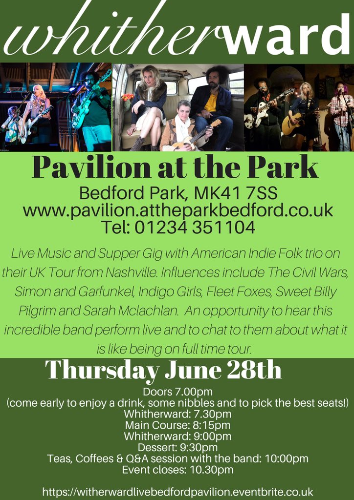 #WhatsOn Don’t miss it (the perfect alternative to #football) #live #music, meet the musicians, Supper, Thursday evening 28th June <a href="/whitherwardband/">Whitherward</a> #ontour Tix here: pavilion.attheparkbedford.co.uk/supper-club/ #indie #indiemusic #americana #whatson #whatsonbeds  <a href="/BedshourEvents/">#BedsEvents</a> Please RT &amp; share