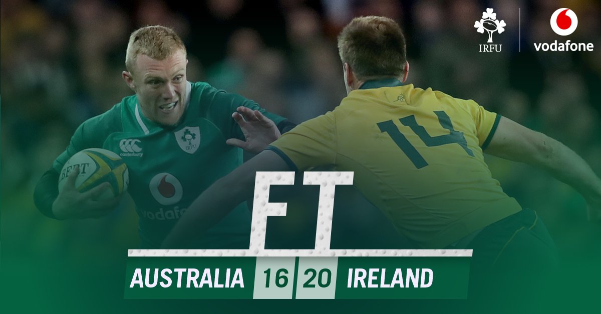 IrishRugby's tweet photo. Full Time score - Australia 16-20 IRELAND. IRELAND win the series! #ShoulderToShoulder #TeamOfUs #AUSvIRL https://t.co/wL3A2gvbPB
