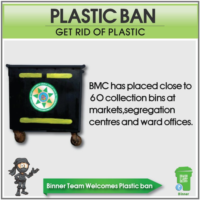 MCGM Markets are putting up Banned plastic collection bins 
Let’s deposit Banned plastic to the nearest locations and save Mumbai. Reduce - Reuse - Recycle & Save the Environment #BeatPlasticPollution @vcan4mumbai #plasticrestriction
Binner Team Supports #PlasticBan #BeABinner