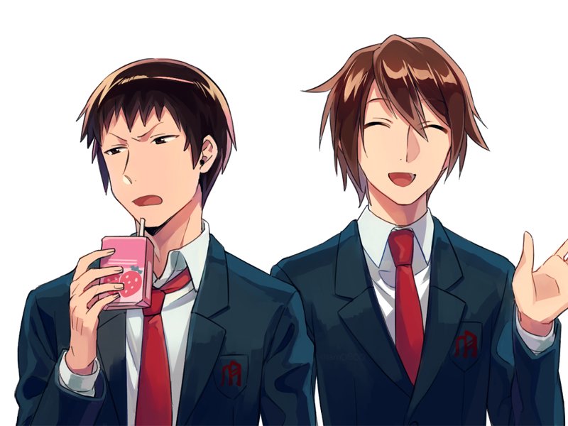 koizumi itsuki ,kyon 2boys multiple boys winter uniform male focus school uniform brown hair red necktie  illustration images