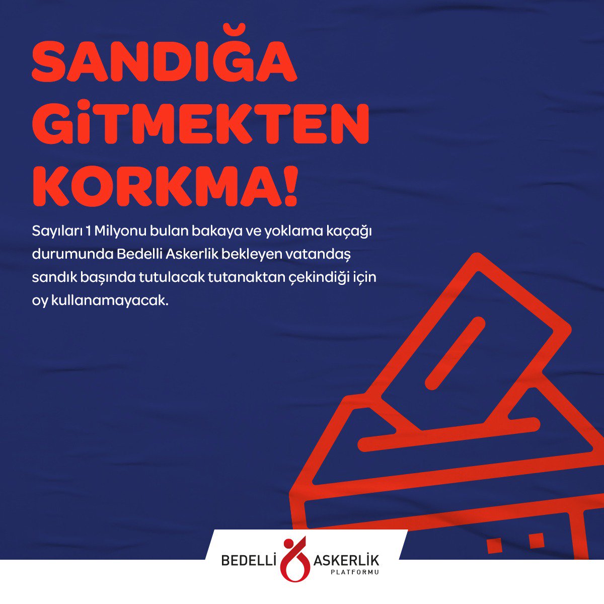 Bakanlıktan aldığımız bilgiyi paylaşıyoruz.

24 HAZİRAN Pazar günü yapılacak C. Başkanı ve 27’nci Dönem M.Vekili Genel Seçimleri’nde yok.kaçağı ve bakaya durumunda olan vatandaşlara herhangi bir  GBT uygulaması yapılmayacak. Herkes oyunu rahatlıkla kullanabilir.

#BedelliAskerlik