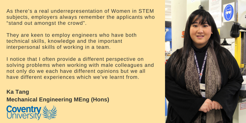 CovUniEES's tweet photo. Happy International Women in Engineering Day ๐ฉโ๐ง We are celebrating this day with words of wisdom from our talented & inspiring Mechanical Engineering MEng (Hons) student @Joycaaaaay.
@WES1919 #WomenInEngineering @YoEgovuk #INWED18 #WomenInSTEM #RaisingTheBar #Coventry @TheIET https://t.co/CeDZqPZtZV