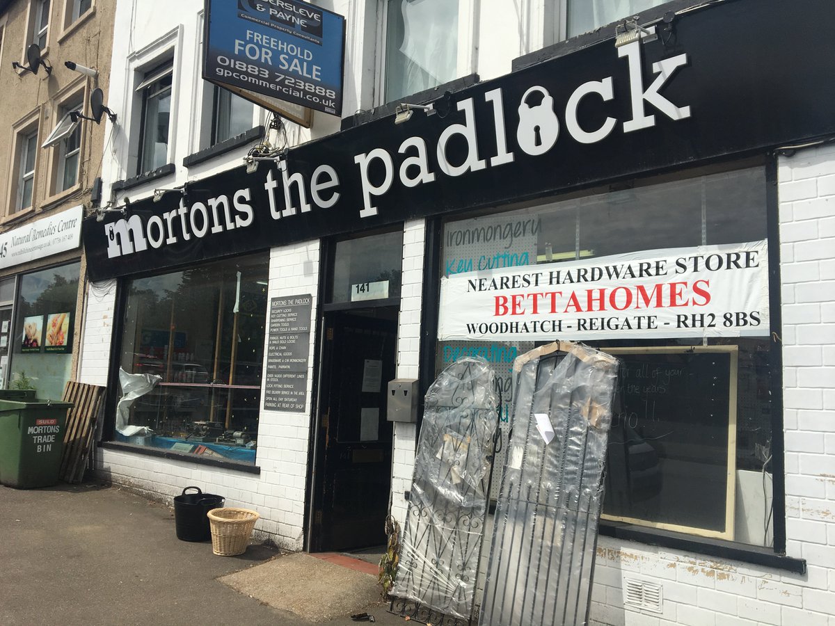 GenerateRedhill's tweet photo. The last few hours of @MortonsPadlock in #Redhill. Lots of stock going fast - cash only - pay them a visit before they close for the final time at 4pm today #supportlocal https://t.co/6ZvojfhGGH