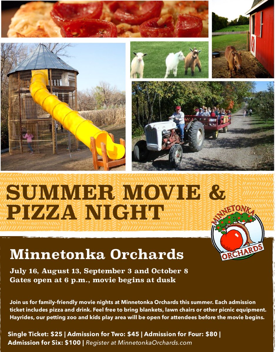mtkaorchards's tweet photo. Minnetonka Orchards and RollingHeart Bistro are teaming up to have Movie night at the Orchard.  

We will be showing Incredibles 

Come early, eat dinner, play in the kids zone, petting zoo and take a hay ride. 

Movie to start at dusk
Purchase tickets at https://t.co/hFpWTHs81c https://t.co/t4Ai4HGjf2