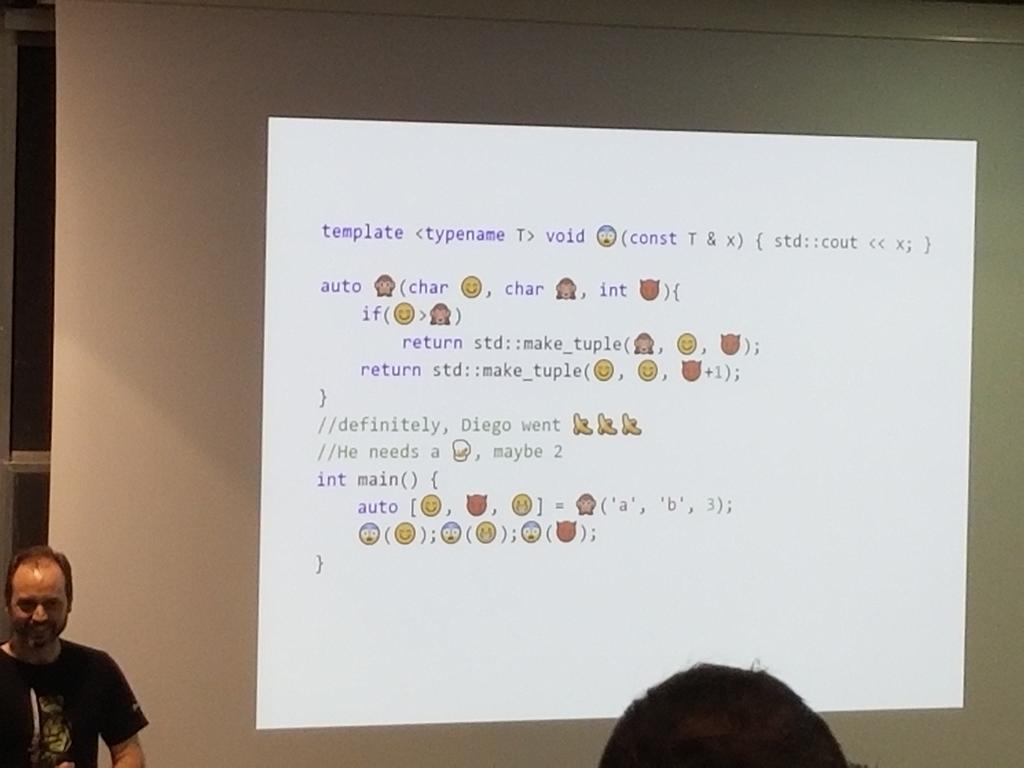 magalpin's tweet photo. Can you figure out what this code, maximized for modern human interaction does? #itcppcon18 (yes this really compiles and runs!) https://t.co/EvSZfGEnNE