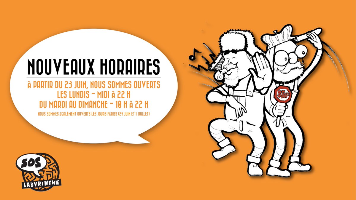 SOSLabyrinthe's tweet image. ⚠️ CHANGEMENTS D'HORAIRES ⚠️
Veuillez noter qu'à partir du Samedi 23 juin, nous sommes maintenant ouverts:
Lundi - midi à 22 H (nouveau parcours tous les lundis)
Mardi au Dimanche - 10 H à 22 H
** Nous seront également ouverts les jours fériés (24 juin et 1 juillet)