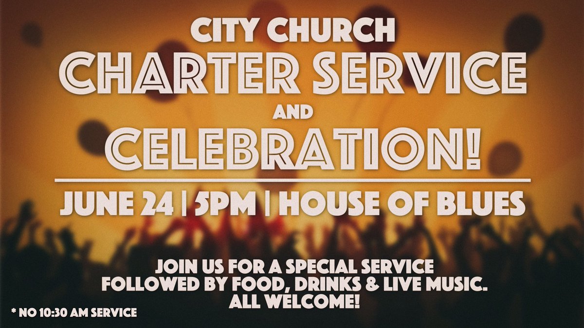 Spend Sunday evening with us! Come be a part of our Charter Service and Celebration happening tomorrow at 5 PM at <a href="/hobhouston/">House of Blues Houston</a>.
(No 10:30 AM service tomorrow)