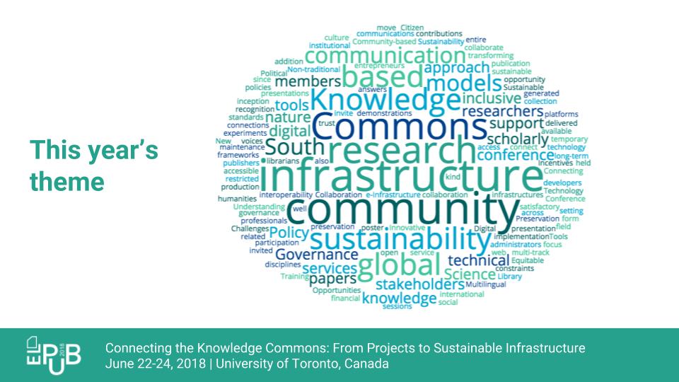 ELPUB_Conf's tweet image. This year&apos;s #ELPUB2018 theme is Connecting the #KnowledgeCommons: From Projects to Sustainable Infrastructure. How can we work together to find the best way to sustain a long term future for equitable, open infrastructures?