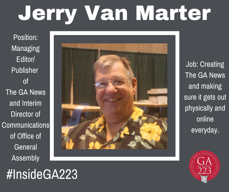 presbyGA's tweet photo. A familiar face to many, the Rev. Jerry Van Marter has attended 41 General Assemblies, in various roles, but most famously as the Editor/team leader of the GA News Room. Many thanks to Jerry &amp; the whole news room for making the latest news possible here at #GA223! 

#InsideGA223 https://t.co/V3QUcxr22W