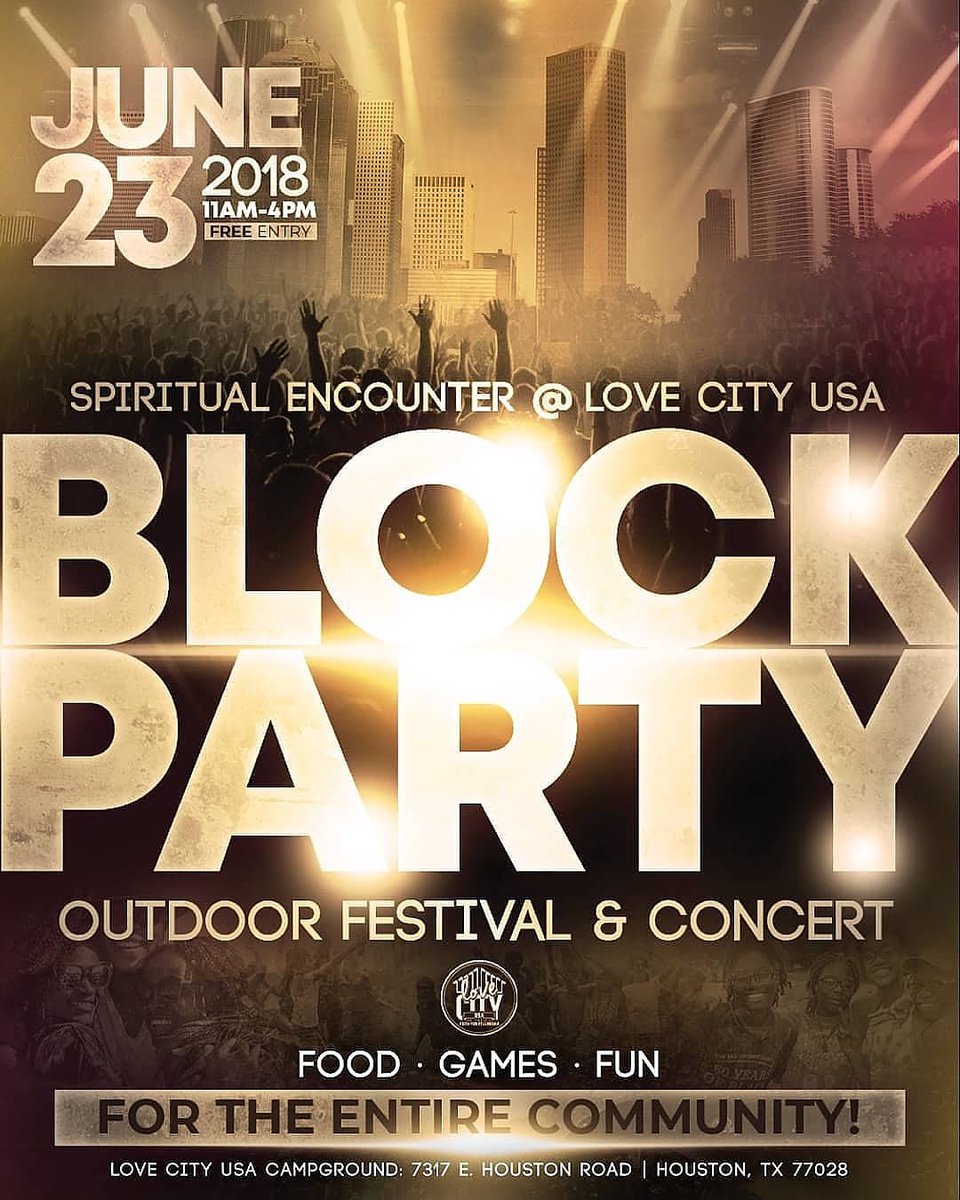Spiritual Encounter <a href="/lovecityusa/">Love City USA</a>  Block Party for the entire community is happening today from 11am-4pm. Enter Parking Lot on Dockal Rd. Follow the campus signs. All participants must check-in at the SW Outdoor Canopy. See you at the Block Party!"