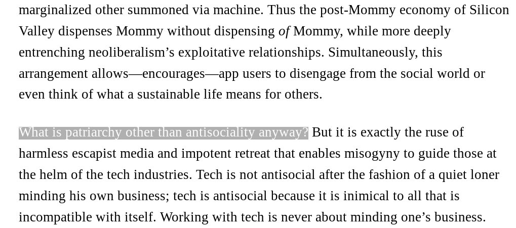 nothing interferes more with popular feminism's efforts to be taken seriously in tech than its own tendency to get tangled up in the most blatant forms of neurotypical supremacism. 

bostonreview.net/gender-sexuali…