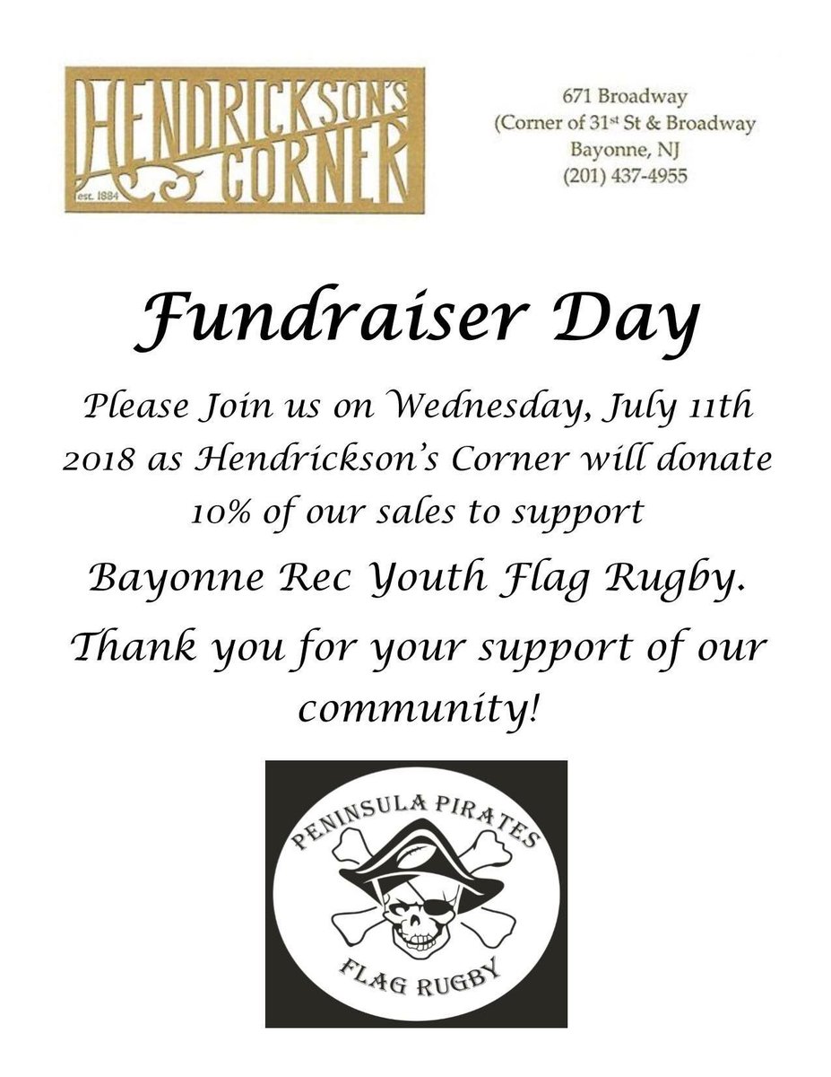 BayonneNJEvents's tweet image. Bayonne Pirate’s Flag Rugby Annual Dine-to-Donate is at Hendrickson’s on Wed July 11. Excellent food, drinks and friendly service. Make sure you print out the flier to hand in to your waitress.  #BayonneRecYouthFlagRugby #BayonnePirates #Hendricksons  #BayonneNJEvents