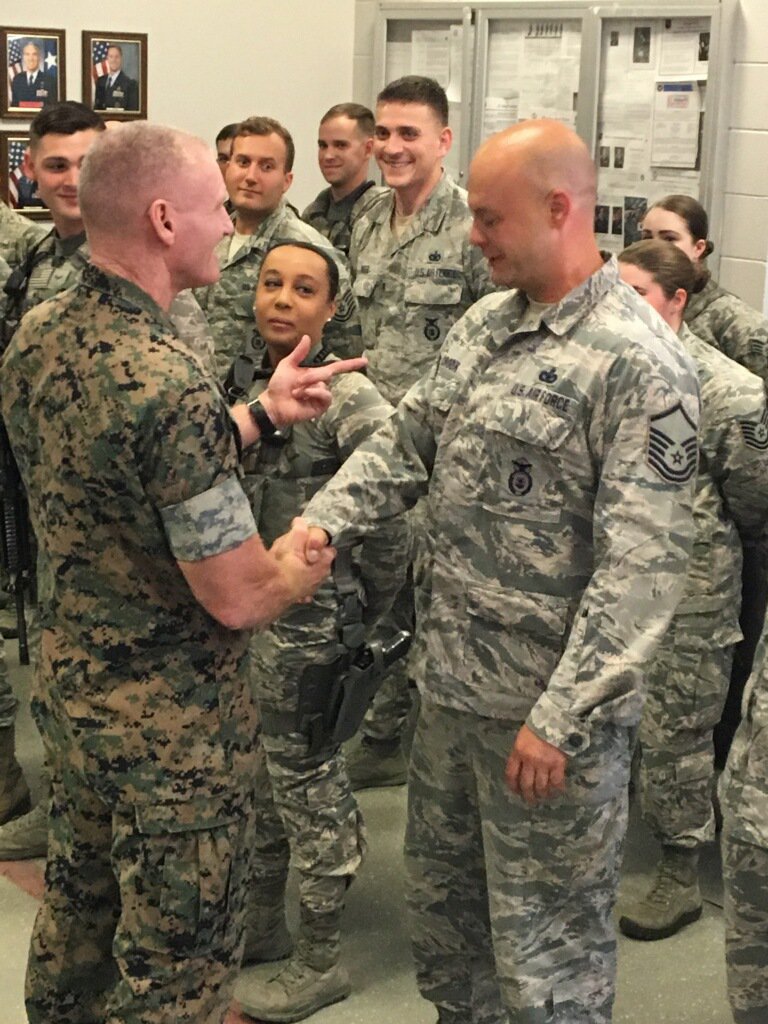USNorthernCmd's tweet photo. Our SEL, Command Sgt. Maj. Paul McKenna, met w/ our local Defenders to thank them for all they do at Peterson AFB.
Congrats to A1C Destiny Pehlivan, TSgt. Ryan Wiese &amp; TSgt. Sarah Zwieg for being coined for your outstanding work &amp; contributions to the Security Forces unit! https://t.co/xXoARAjdeK