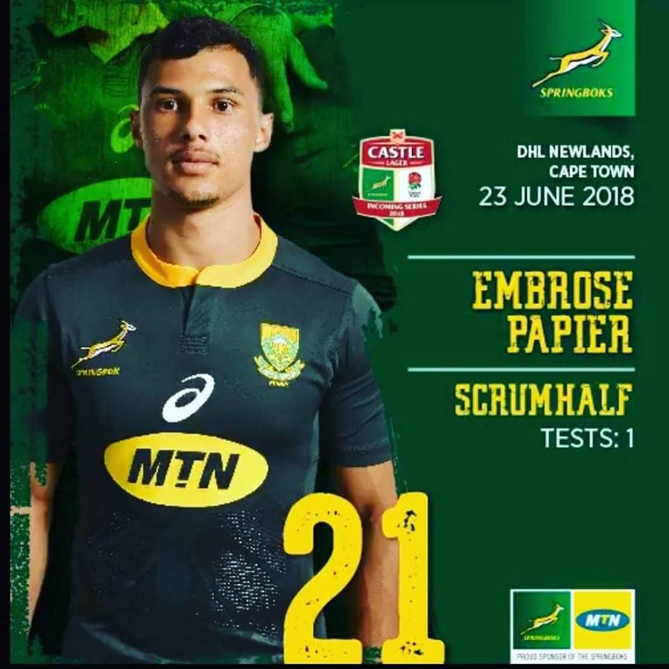 BlitzBokke's tweet photo. Congratulations to #EmbrosePapier on your second cap for the #Springboks https://t.co/UvedBpbh9J