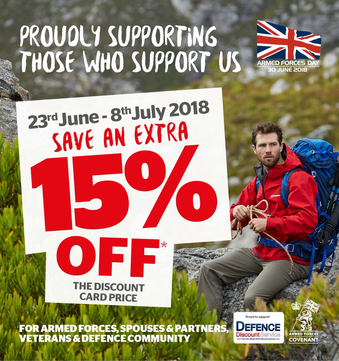 Starting today until July 8th #ArmedForces personnel can get an EXTRA 15% off in store and online. Leading up to #ArmedForcesDay and beyond. 

*Excludes items on special offer. Discount Card required.