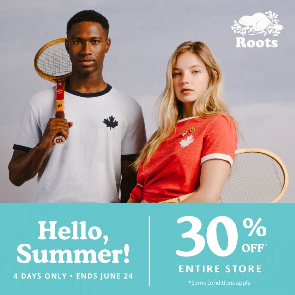 TODAY AND TOMORROW! Visit @RootsCanada for their Hello Summer 30% OFF sale! Shop just in time for Canada Day! 
#ShopQM #QM #LoveShopping #SALE #Roots #Canada #RootsIsCanada