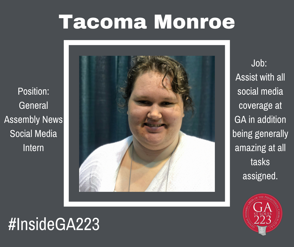 Presbyterian's tweet photo. Meet Tacoma Monroe our #GA223 social media intern! Tacoma has done an incredible job collecting content, keeping track of voting during plenary, &amp; ensuring the #PCUSA social media team are caffeinated at all times. We can't wait  to watch her journey as a Young Adult Volunteer! https://t.co/MdLjrU4C9f