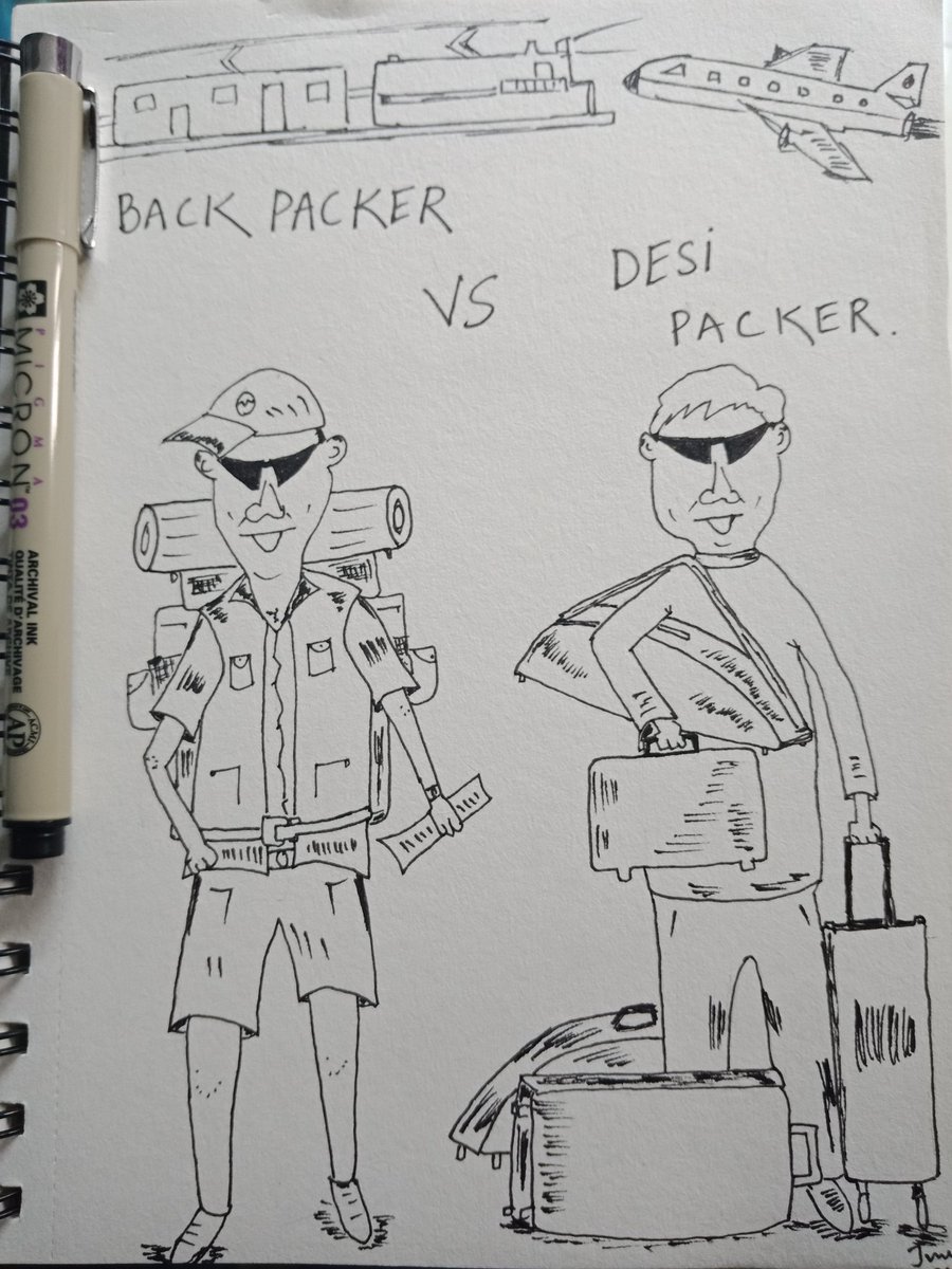 Imperfect_Lines's tweet photo. Weekend #cartoon: Continuing with my observations during travel, saw Indian families lugging bags, suitcases and vanity bags through mountain roads. Contrast that with a back packer carrying everything on his/her back.
 #NoOffense #Backpacker #wanderlust
 #Travel #India https://t.co/YCJNE1UaDc