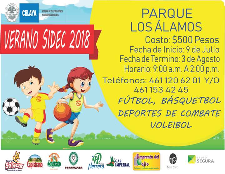 CelayaSIDEC's tweet photo. #VeranoSIDEC2018 🌞⚽🏀
*DEPORTIVA NORTE
*PARQUE CAMPANARIO
*PARQUE ÁLAMOS
*DEPORTIVA VILLAS DEL ROMERAL

Ya puedes inscribir a tu hija 👧 o hijo 👦 a nuestros cursos de verano. Consulta las bases y #DisfrutaElVerano ☀ https://t.co/2Ti5R0oMuO