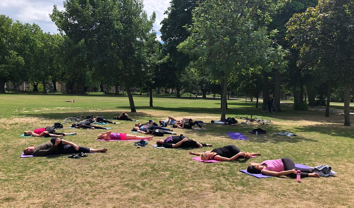 Today's <a href="/OurParksUK/">Our Parks</a> yoga classes in Ropemakers Field and <a href="/VickyParkLondon/">Victoria Park</a>. #naturesgym #madetomove