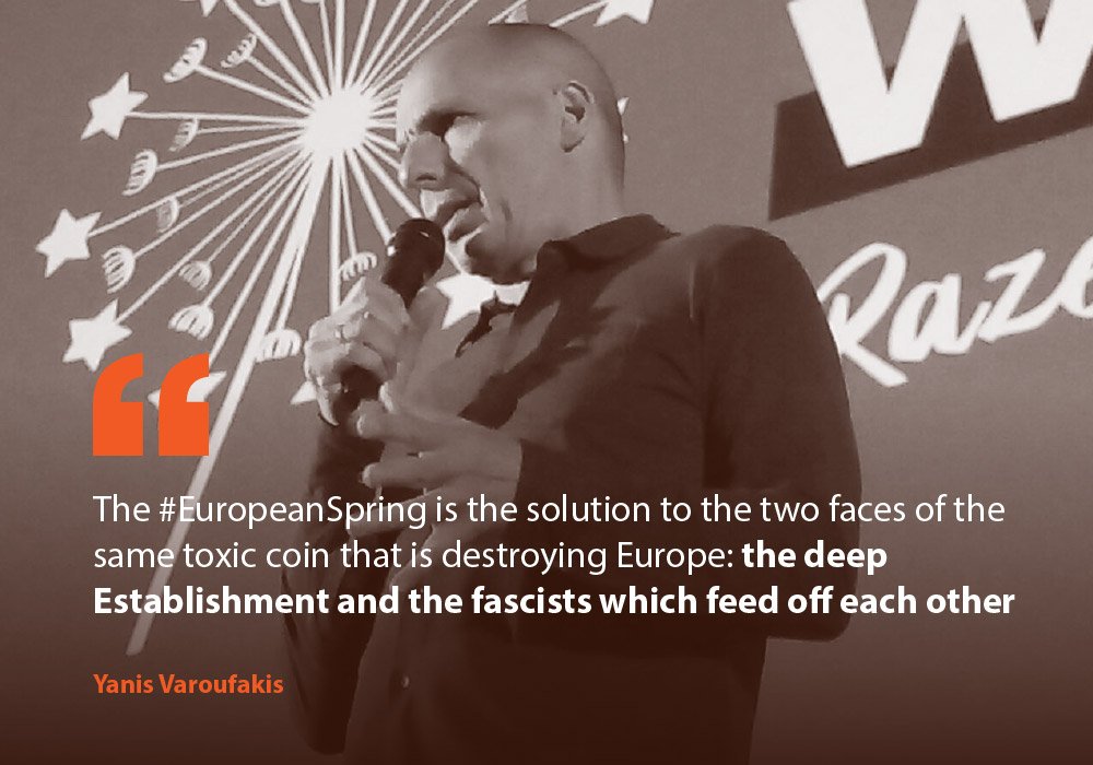 SomersetBean's tweet image. The #EuropeanSpring is the solution to the two faces of the same toxic coin that is destroying Europe: the deep Establishment and the fascists which feed off each other—@yanisvaroufakis #DiEM25