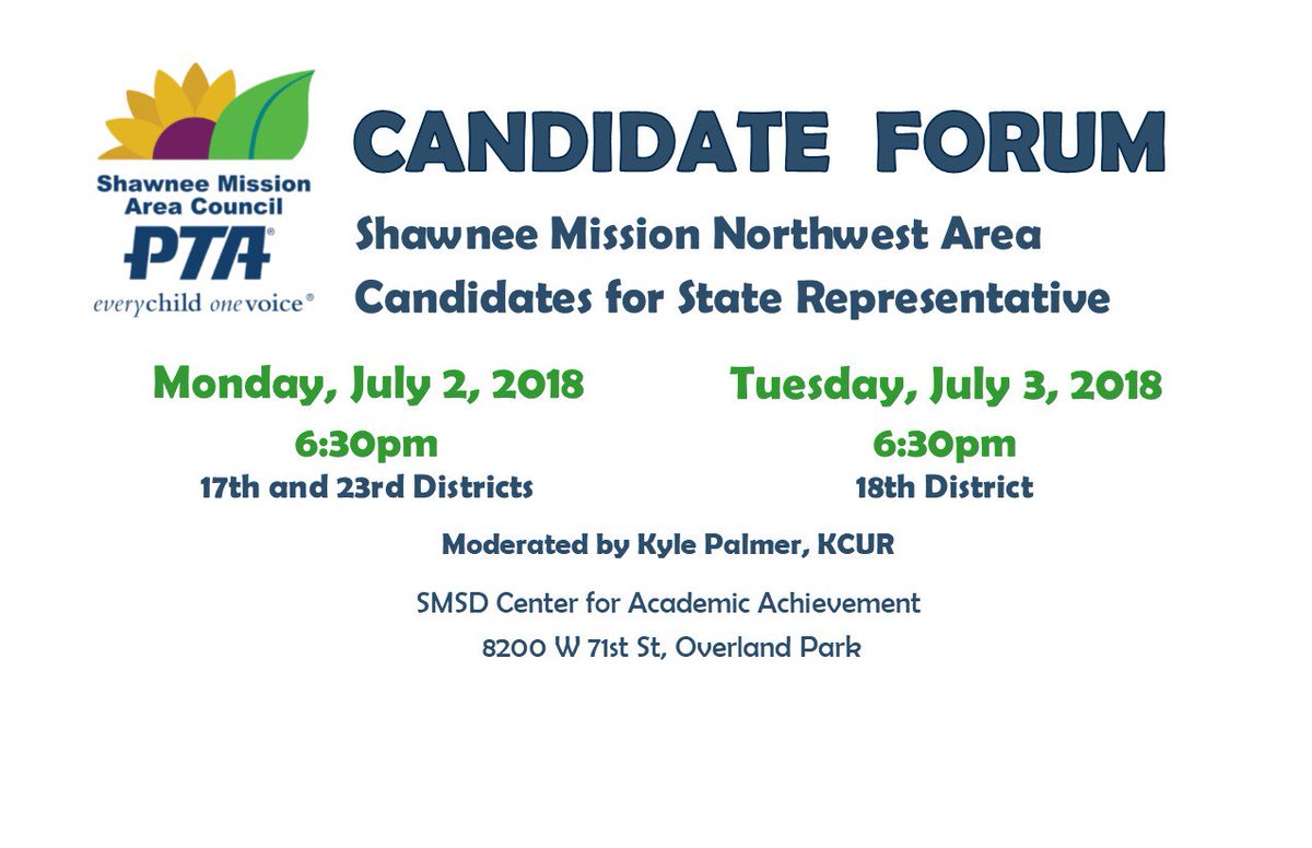 Mon, July 2 
17th #ksleg House 
Laura Smith-Everett (D) 
Tom Cox (R) 
Jim Eschrich (R) 
23rd 
Linda Gallagher (R)
Susan Ruiz (D)
facebook.com/events/2167277…

Tues, July 3
18th
Cindy Neighbor (D) 
Eric Jenkins (R) 
Cathy Gordon (R) 
Andrew "Andy" Hurla (D) 
facebook.com/events/4037089…