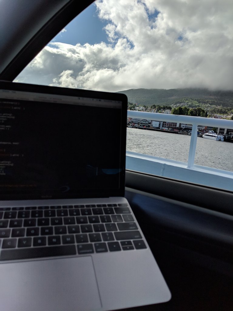 Manolinaqua's tweet photo. It may be the weekend but #Manolin still has work to be done! Meetings from the trunk and coding from the Ferry. About 1 hour out from #Ålesund for the #SummerSolstice.

#ManolinInNature #Aquaculture #Havbruk

#SalmonGroup @hatchblue1 @NCESeafood @BTOnews @DNB_Bank https://t.co/famxxYl0No