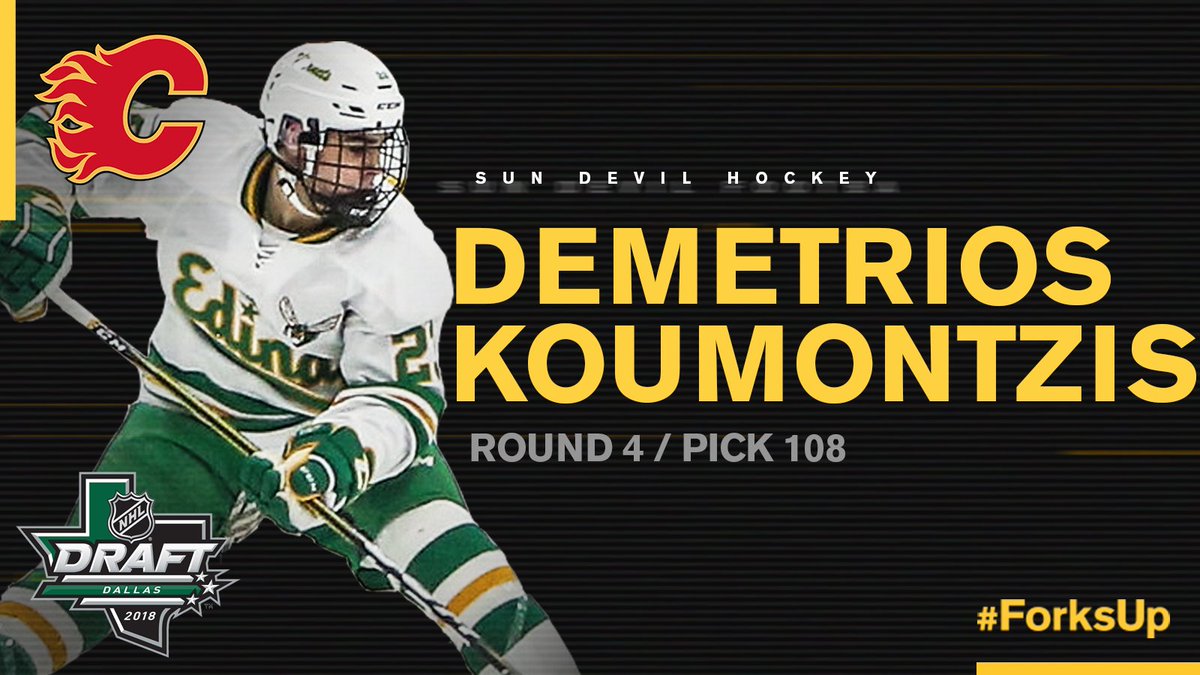 SunDevilHockey's tweet photo. Congratulations to incoming Sun Devil @dkoumontzis, who was just selected in the 4th round by the @NHLFlames! #ForksUp https://t.co/N7whWyHKhq