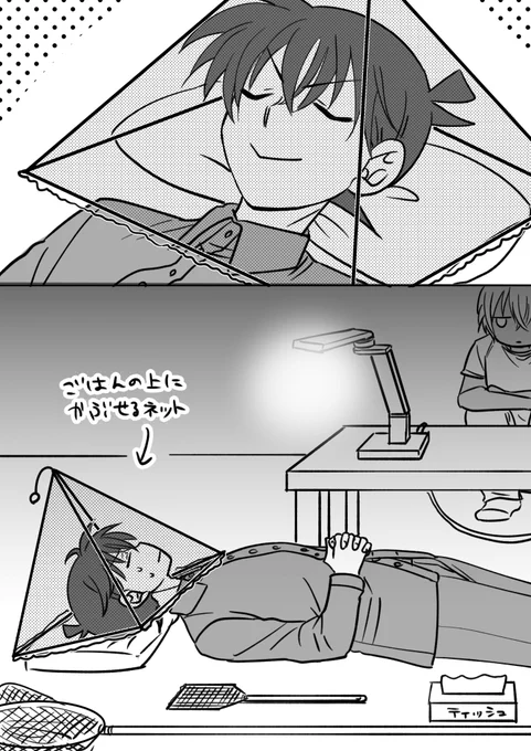 蛾が部屋に入ってきたがいまだに見つからない…
そして蛾は光に集まる習性がある…
…俺が寝ているすきに口に蛾が入ってこないようにするにはどうしたらいいか…
そう…真実はいつもひとつ!!

…ということで、今日私はこのように寝ようと思います。
(※私の代わりに新一君描きました) 