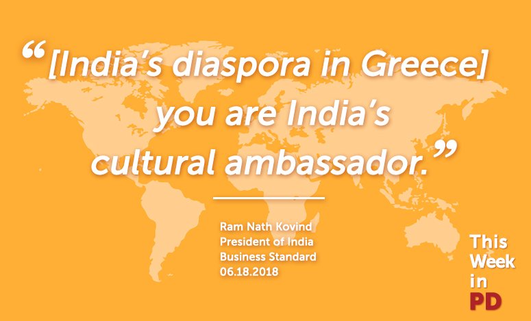 PublicDiplomacy's tweet photo. This week, Indian President @rashtrapatibhvn addressed the Indian diaspora in Greece. He discussed their global role and Indian resources available internationally via @MEAIndia: https://t.co/K7agdlApUv #TWiPD (article via @bsindia) https://t.co/0YXl4BOgJz