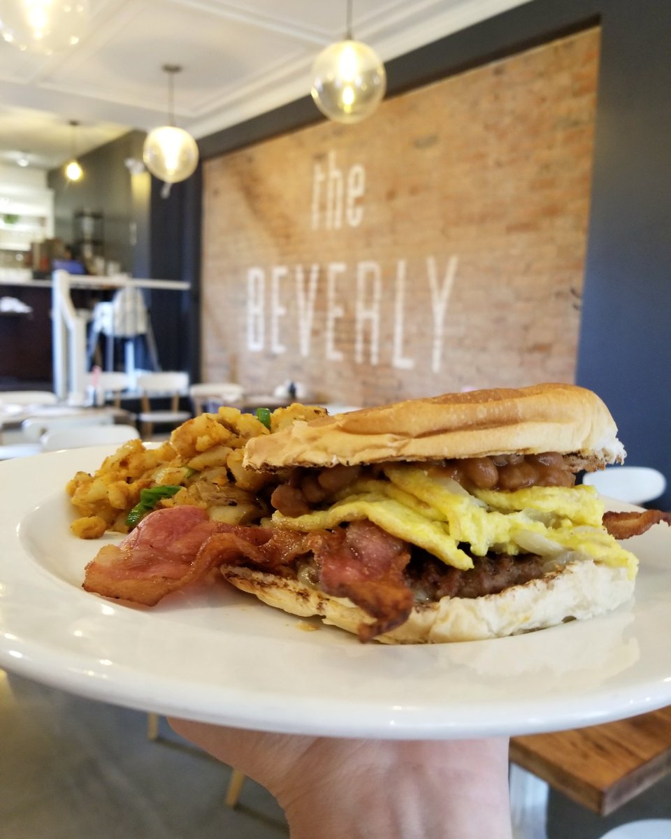TheBeverly__'s tweet photo. BevTip: If you join us between 8 - 10 am we offer 5 of our signature dishes for just $10! #earlybirdspecial
.
5. Bev's Classic: Sausage, bacon, spicy scrambled eggs, baked beans, cheddar cheese, on a toasted buttered bun. https://t.co/yqLefWw5H3