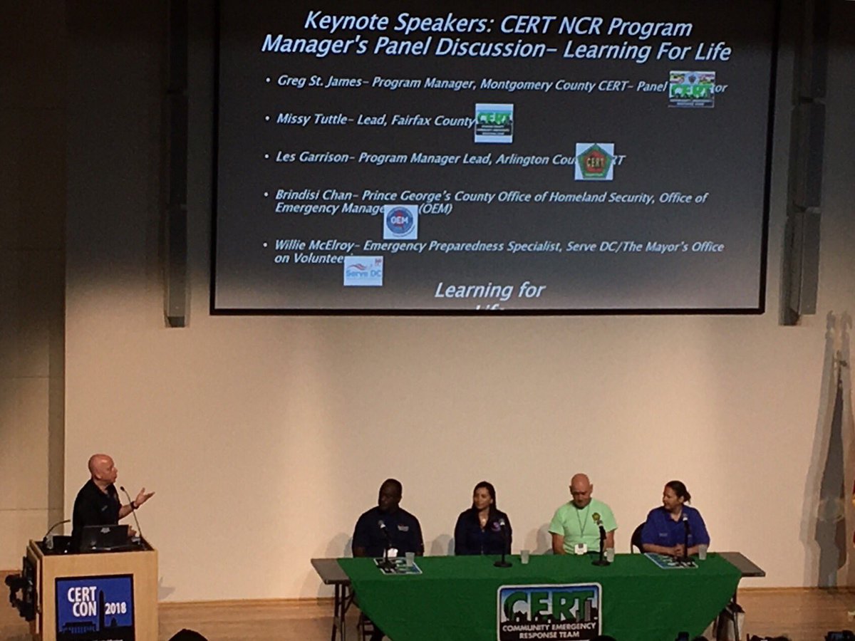 ReadyMontgomery's tweet photo. Insightful presentations on day 1 of #CERTCON2018 at @montgomerycoll Germantown! @MCFRS Chief Scott Goldstein, @MontCoCERT coordinator Greg St. James, a panel of speakers from our neighboring CERTs, and more. A great weekend for learning &amp; training! https://t.co/Odb0TTa9ln