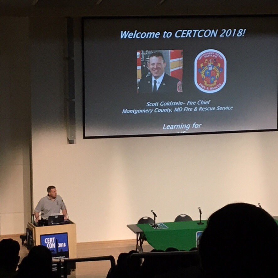 ReadyMontgomery's tweet photo. Insightful presentations on day 1 of #CERTCON2018 at @montgomerycoll Germantown! @MCFRS Chief Scott Goldstein, @MontCoCERT coordinator Greg St. James, a panel of speakers from our neighboring CERTs, and more. A great weekend for learning &amp; training! https://t.co/Odb0TTa9ln