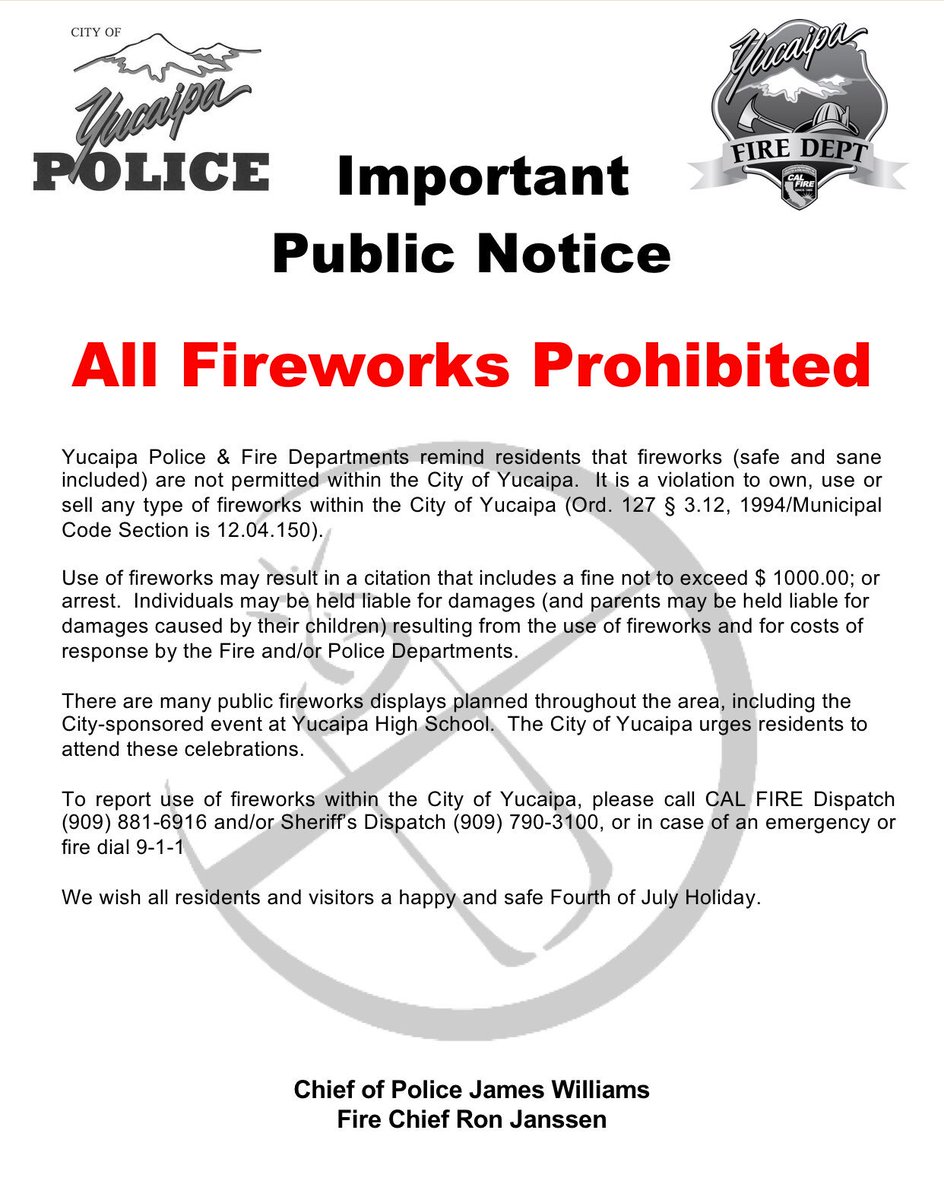 CALFIREBDU's tweet photo. #yucaipafire in conjunction with @YucaipaPD want the Citizens of Yucaipa to have a safe 4th of July. Heightened fire threat during this time of year makes it critical everyone understands the danger of lighting fireworks within the @CityofYucaipa #nofireworksallowed #calfirebdu https://t.co/CMhpEdqDUF