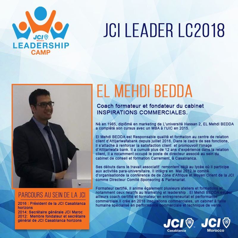 ebedda's tweet photo. Le membre fondateur de JCI CASA Horizons, El Mehdi Bedda participera à la quatrième édition du Leadership Camp et fera partie de l'équipe JCI LEADERS
Profitez de l'offre de clôture des inscriptions: 
1 place à 1200 DHS + 1 place à 1200 DHS = 3 places
https://t.co/8CXQXBvn9k https://t.co/V1N4PGLt37