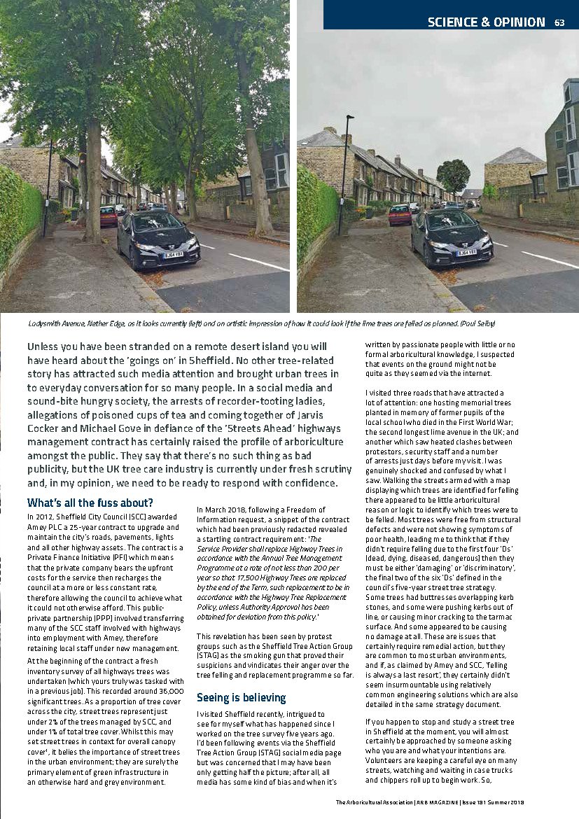 JeremyDBarrell's tweet photo. Paul Barton, a top UK tree expert, was a tree surveyor in Sheffield in 2012, & writes in the @ArbAssociation ARBmagazine: "The Sheffield Streets Ahead contract is providing a fascinating but depressing case study on how not to do urban forestry." #SaveSheffTrees #TreeTruths https://t.co/7cwToNE53C